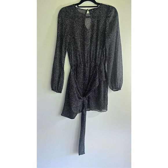 ZARA TRAFALUC BLACK WHITE DOT PRINT SEMI SHEER CROSSOVER TIE COCKTAIL DRESS LONG - Picture 7 of 15